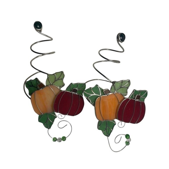 Autumn Pumpkins Stained Glass Sun Catcher Fall Ornament Set x2 Wine Bottle Charm - Picture 1 of 8